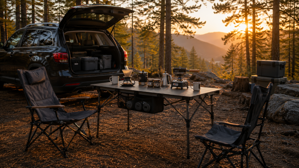 Foldable camping table beside an SUV at a forest campsite