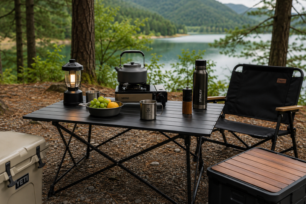 Lightweight aluminum roll-top camping table beside a lakeside campsite