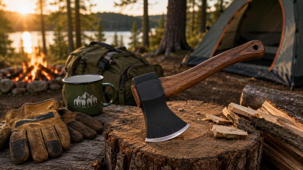 Best Camping Axes featuring a compact camping hatchet on a chopping block with split firewood at a forest campsite