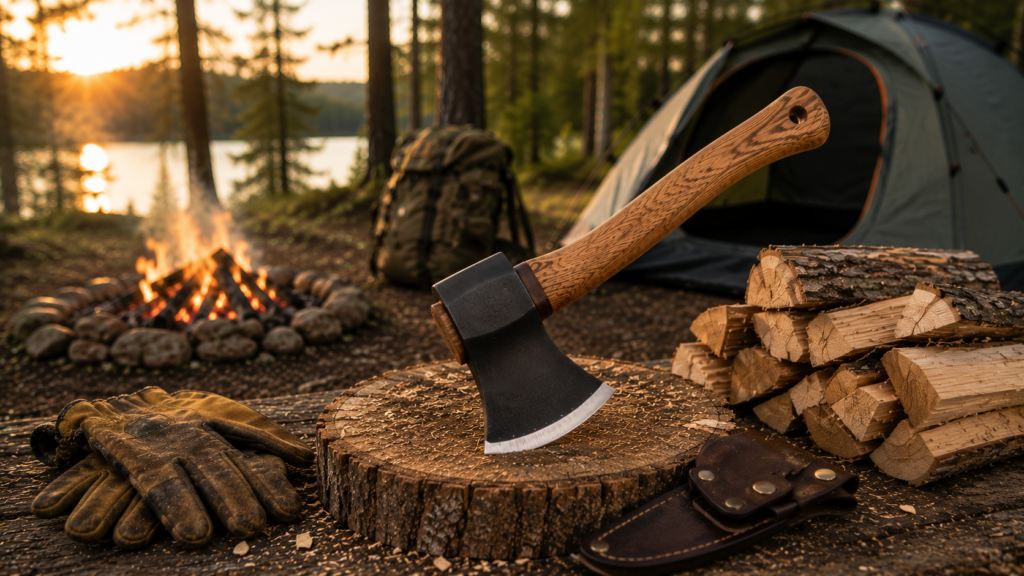 Close-up of a camping axe on a chopping block with stacked firewood, leather gloves, and a forest campsite at sunset