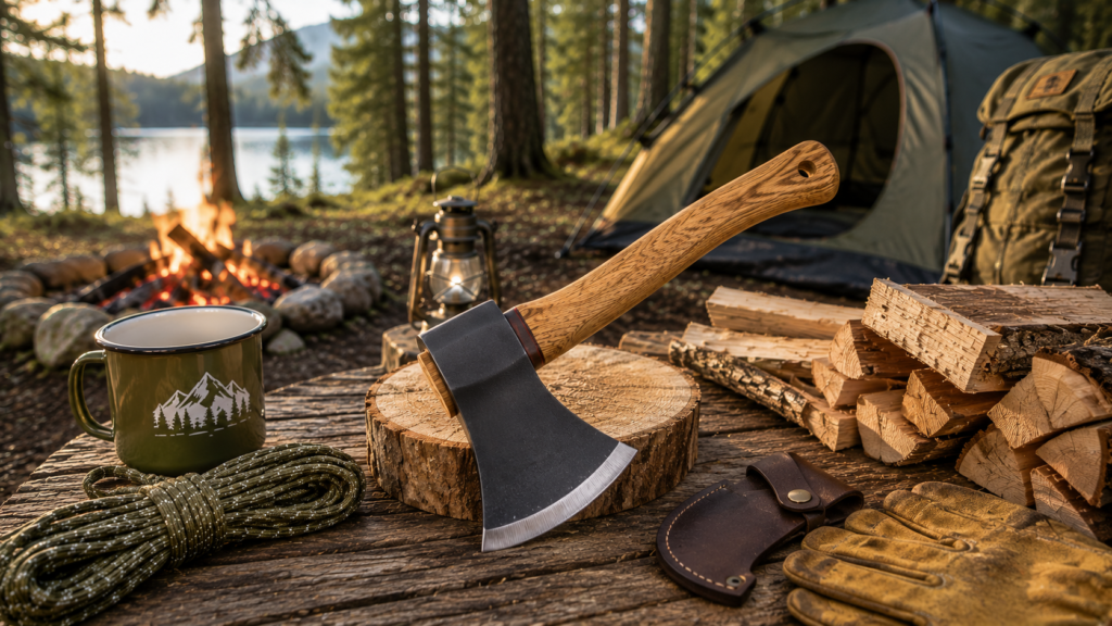 Camping axe resting on a chopping block with split firewood and camping gear at a peaceful forest campsite