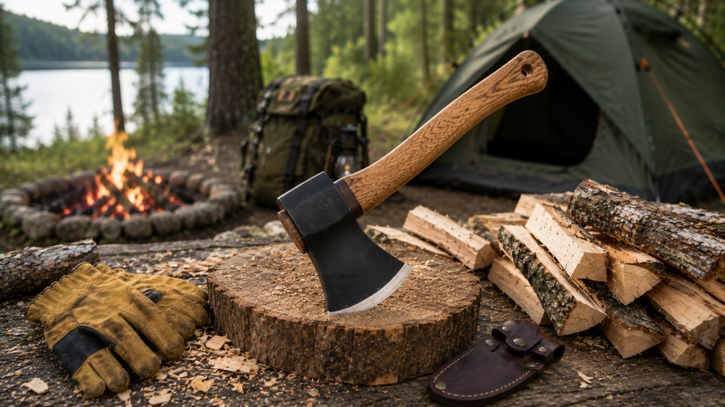 Camping axe embedded in a chopping block with split firewood, leather gloves, and a forest campsite in the background