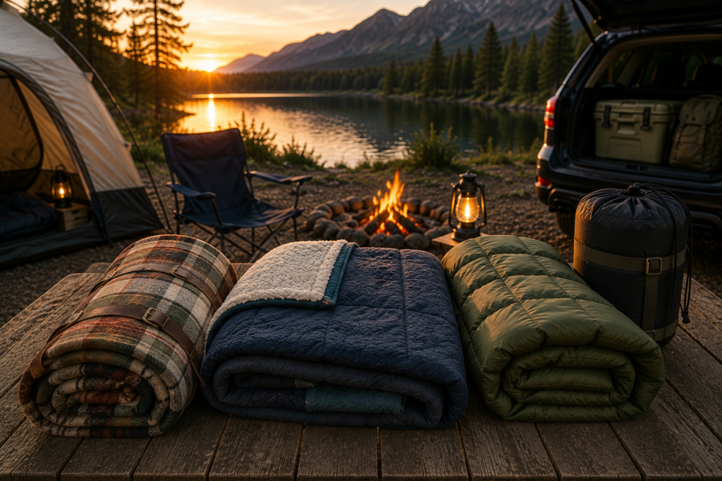 Premium camping blankets on a wooden table beside a peaceful lakeside campsite