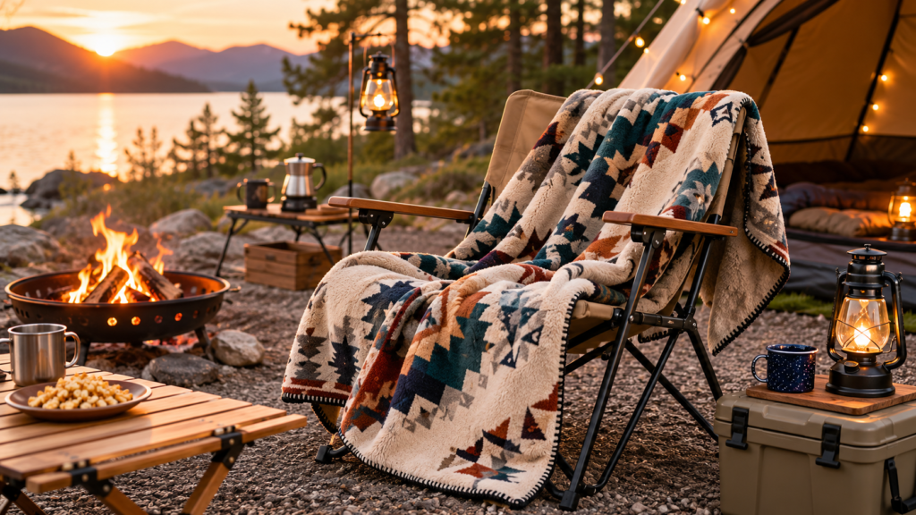 Best Camping Blankets draped over a camping chair beside a campfire at a lakeside campsite