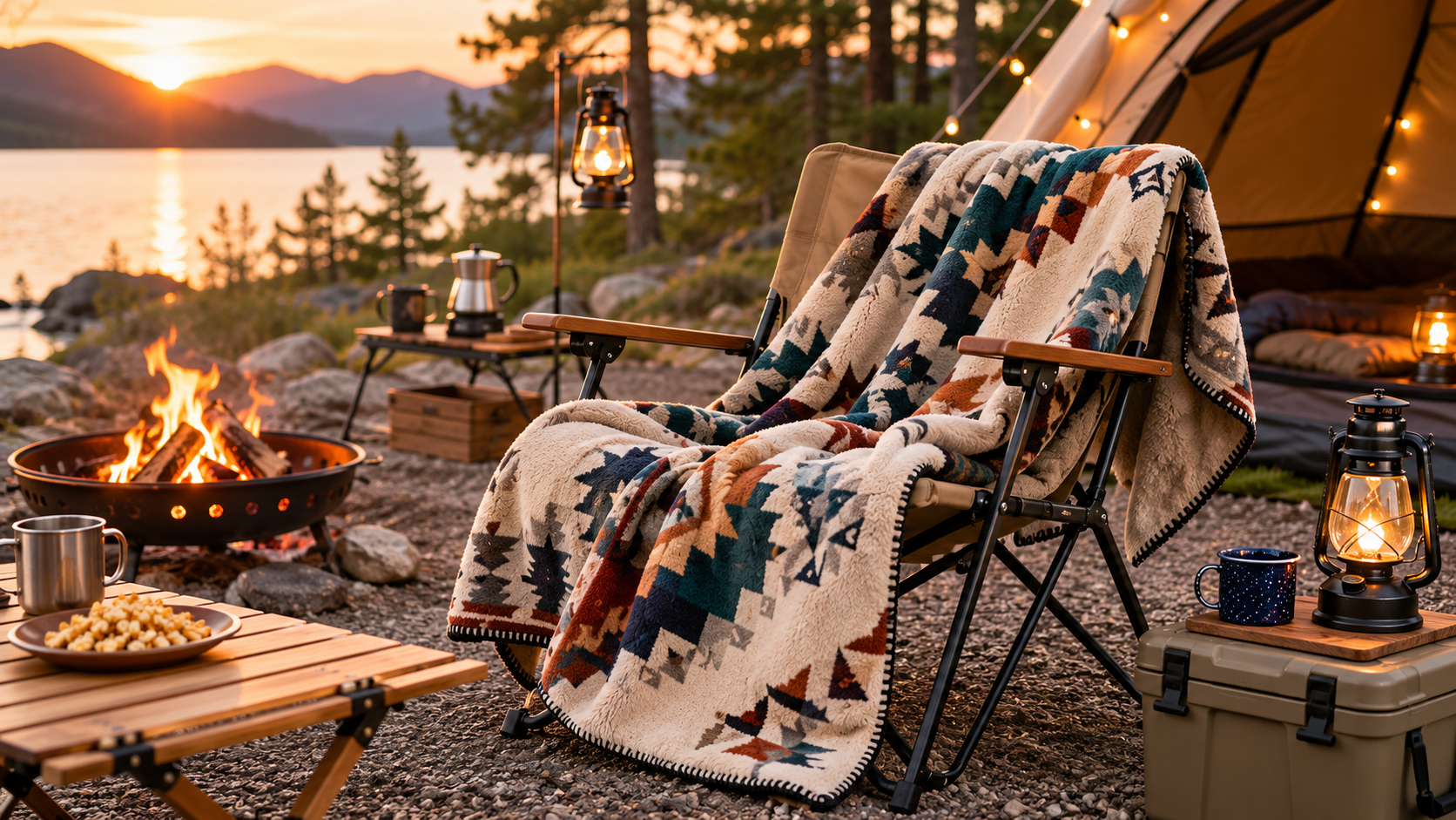 Best Camping Blankets draped over a camping chair beside a campfire at a lakeside campsite