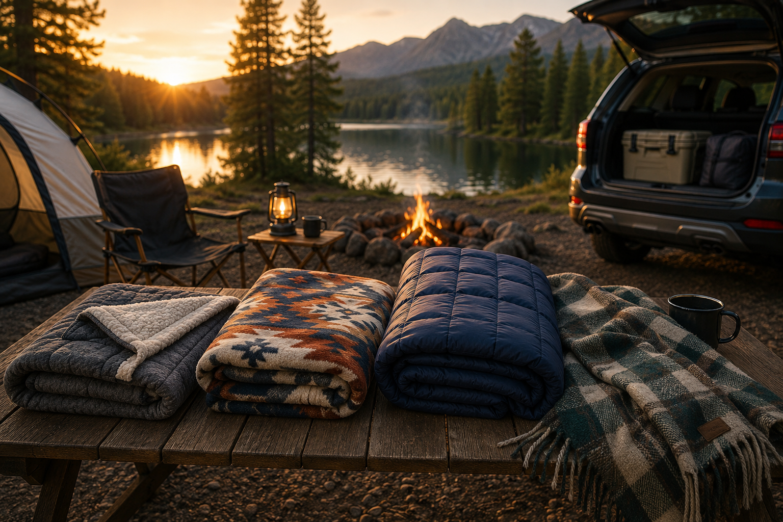Best camping blankets displayed at a peaceful lakeside campsite during sunset