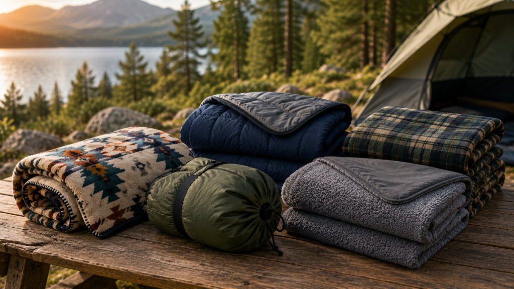 Best Camping Blankets neatly folded on a wooden picnic table at a scenic lakeside campsite