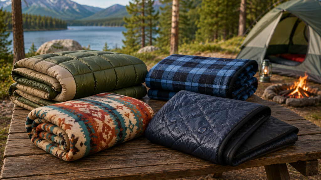 Best Camping Blankets including insulated, fleece, waterproof, and packable designs displayed at a lakeside campsite