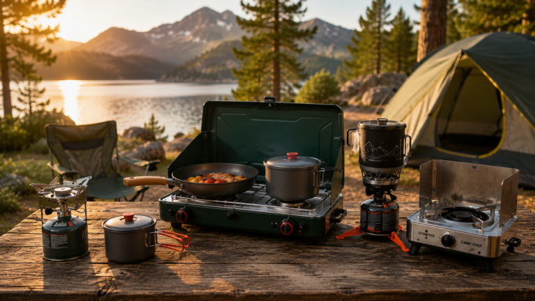 Best Camping Cook Stoves displayed on a picnic table at a scenic lakeside campsite