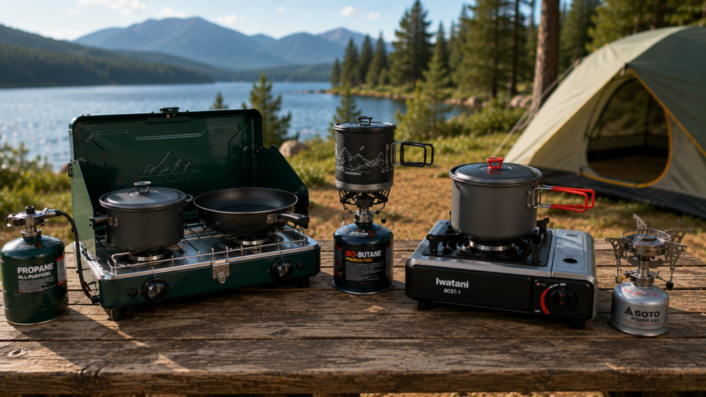 Best Camping Cook Stoves with portable cookware arranged at a lakeside campsite