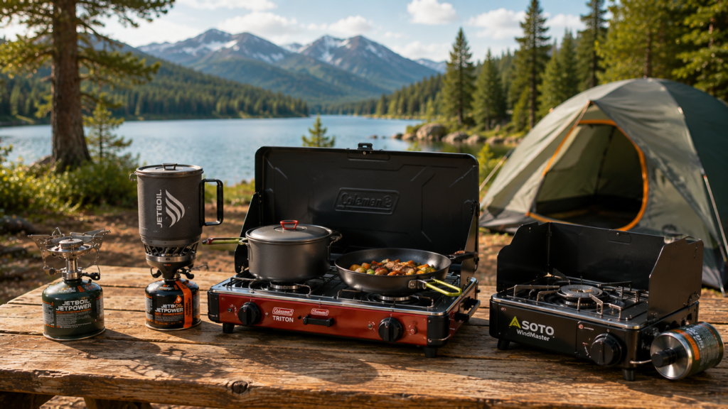 Different types of Best Camping Cook Stoves displayed on a wooden picnic table at a lakeside campsite