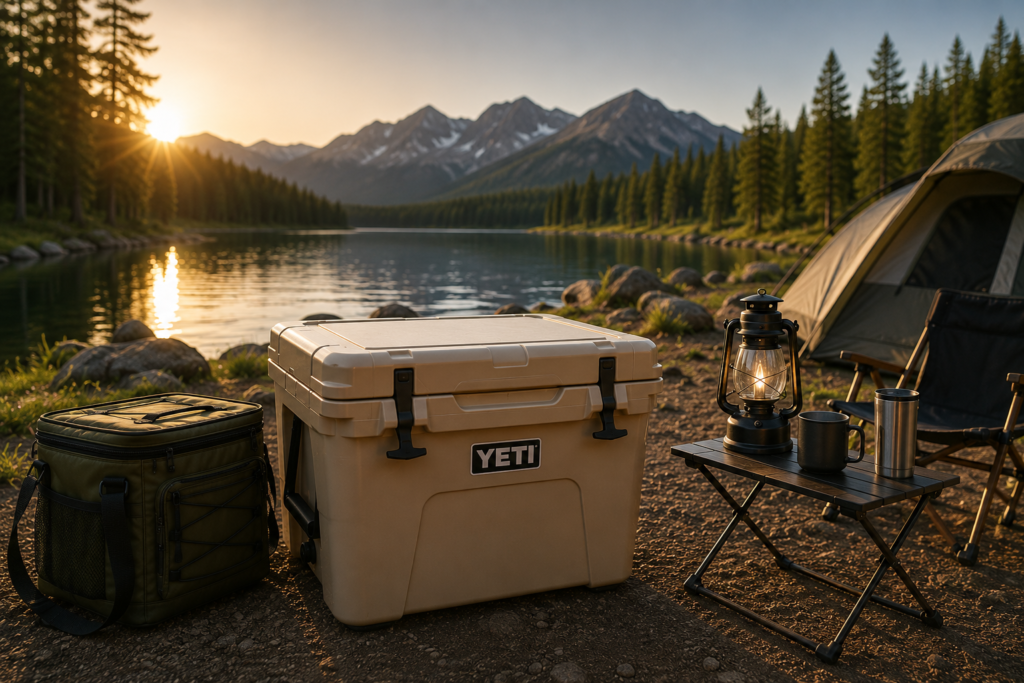 Best camping cooler for car camping beside a peaceful lakeside campsite