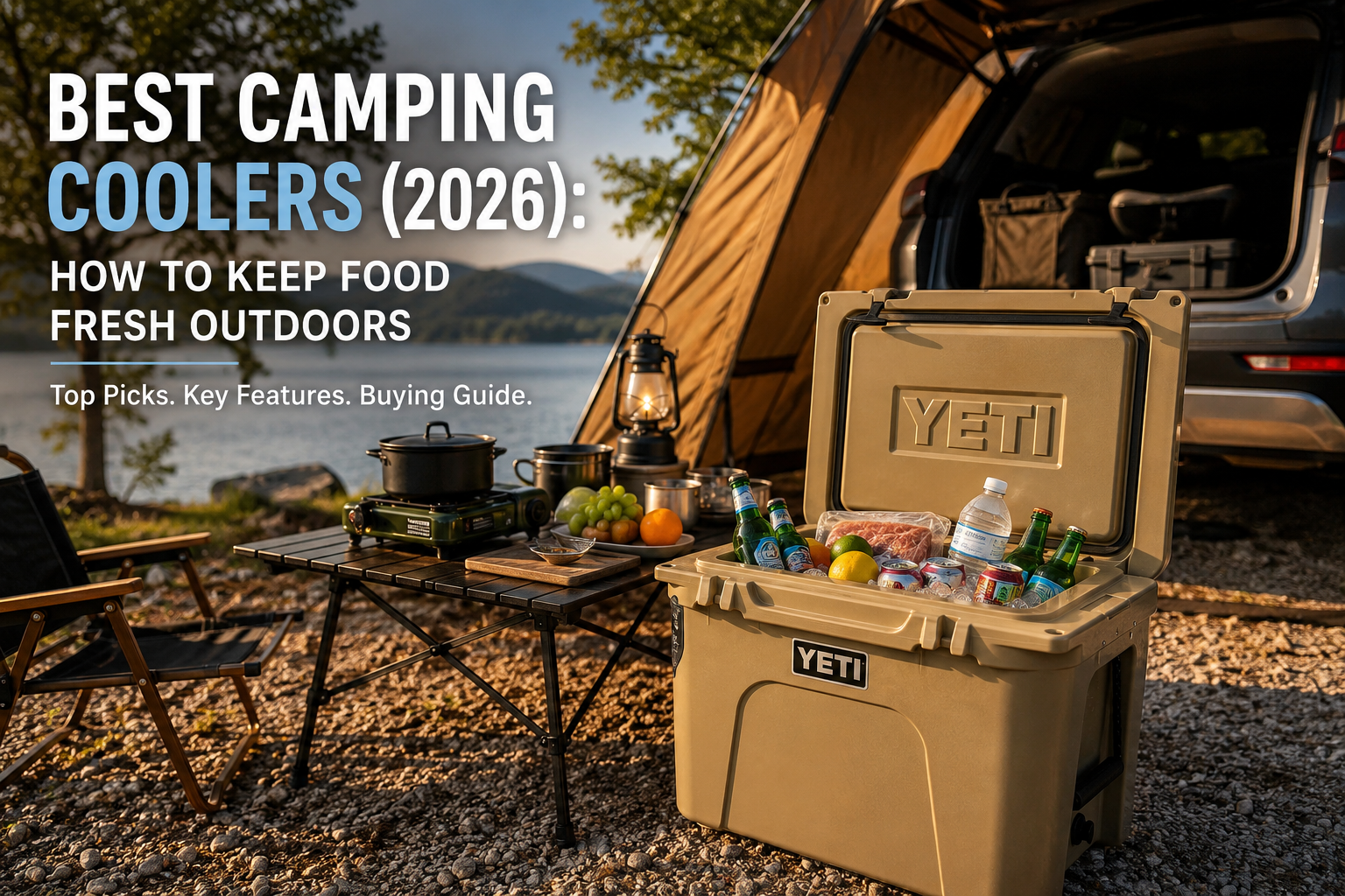 Best camping cooler for car camping at a lakeside campsite