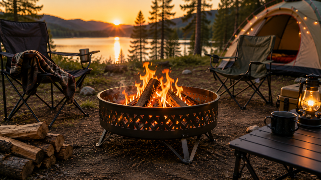 Best Camping Fire Pits featuring a portable fire pit surrounded by camping chairs at a lakeside campsite during sunset