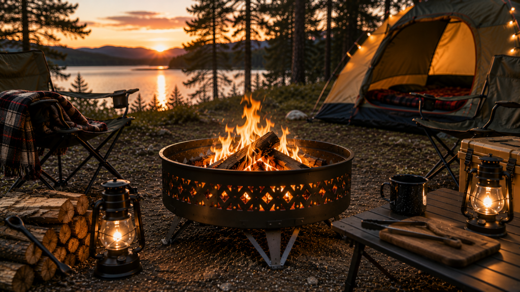 Portable camping fire pit burning at a lakeside campsite with lanterns, camping chairs, stacked firewood, and a tent during sunset