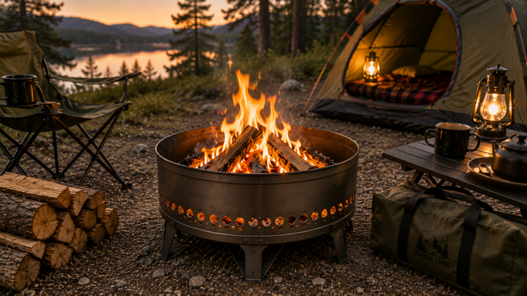 Portable camping fire pit burning with camping chairs, lanterns, stacked firewood, and a tent at a lakeside campsite during sunset