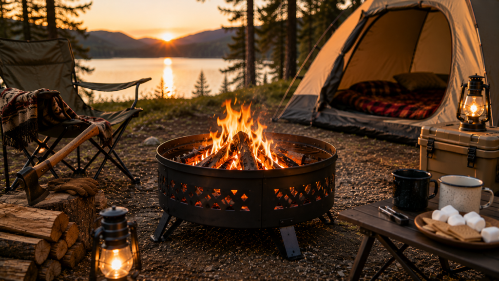 Portable camping fire pit burning at a lakeside campsite with camping chairs, tent, lanterns, and stacked firewood during sunset