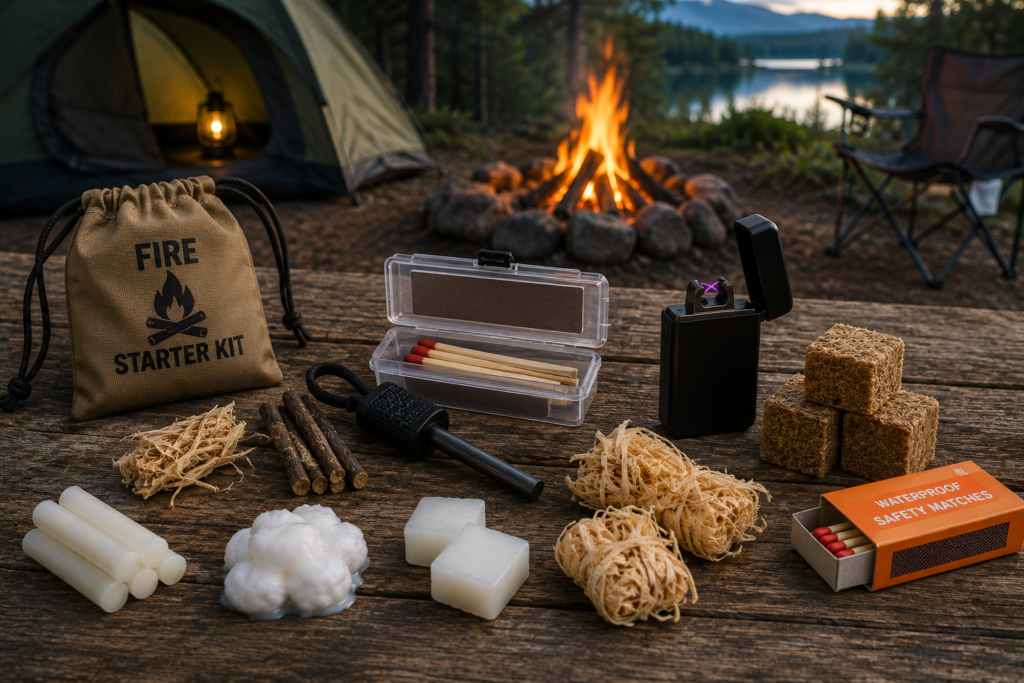 Best Camping Fire Starters including a ferro rod, waterproof matches, plasma lighter, natural tinder, and fire starter cubes displayed at a forest campsite