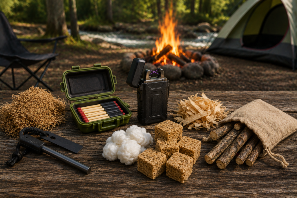 Flat lay of camping fire starter essentials including a ferro rod, waterproof matches, plasma lighter, natural tinder, fire starter cubes, cotton tinder, and kindling wood on a rustic wooden table