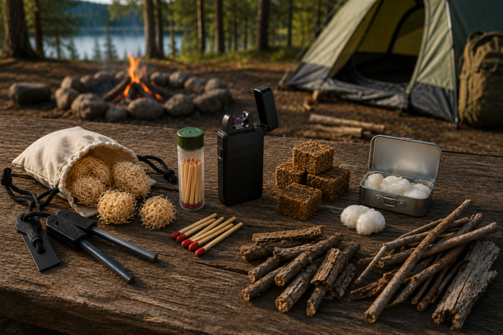 Camping fire starter kit with ferro rod, waterproof matches, plasma lighter, natural tinder, and fire starter cubes arranged on a wooden campsite table beside a campfire
