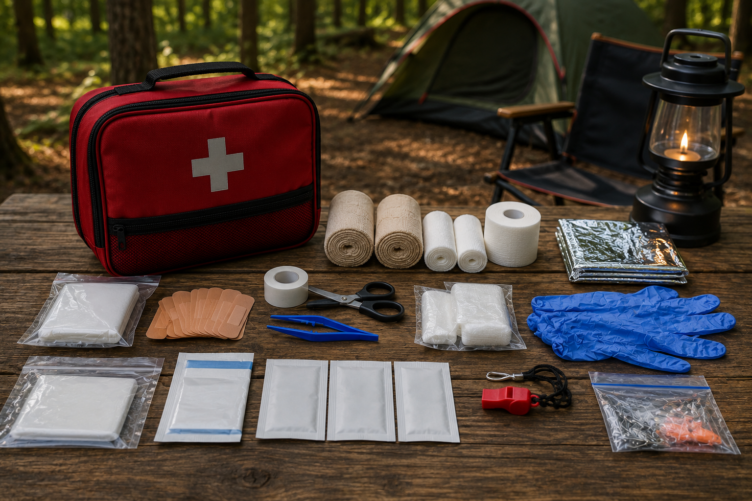 Camping first aid kit opened on a wooden camping table with organized emergency medical supplies at a forest campsiteessential emergency medical supplies displayed on a wooden camping table
