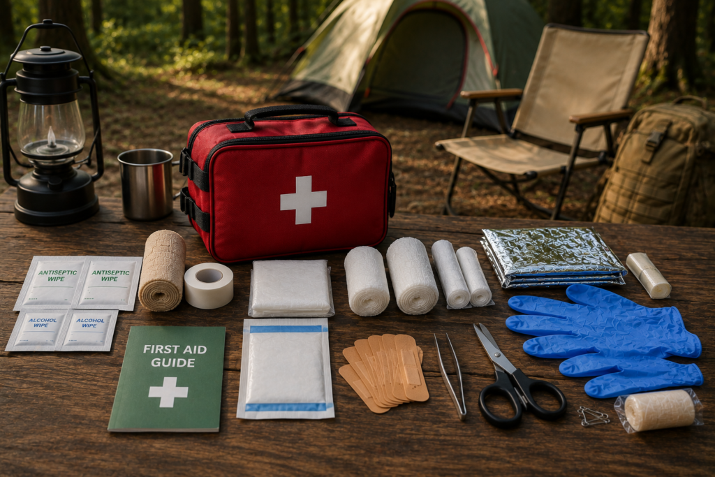 Close-up of a camping first aid kit with emergency medical supplies arranged on a wooden campsite table