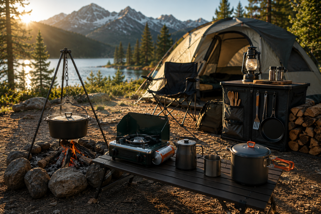 Best Camping Kitchen Setups with a portable stove, cookware, and campfire beside a lakeside campsite