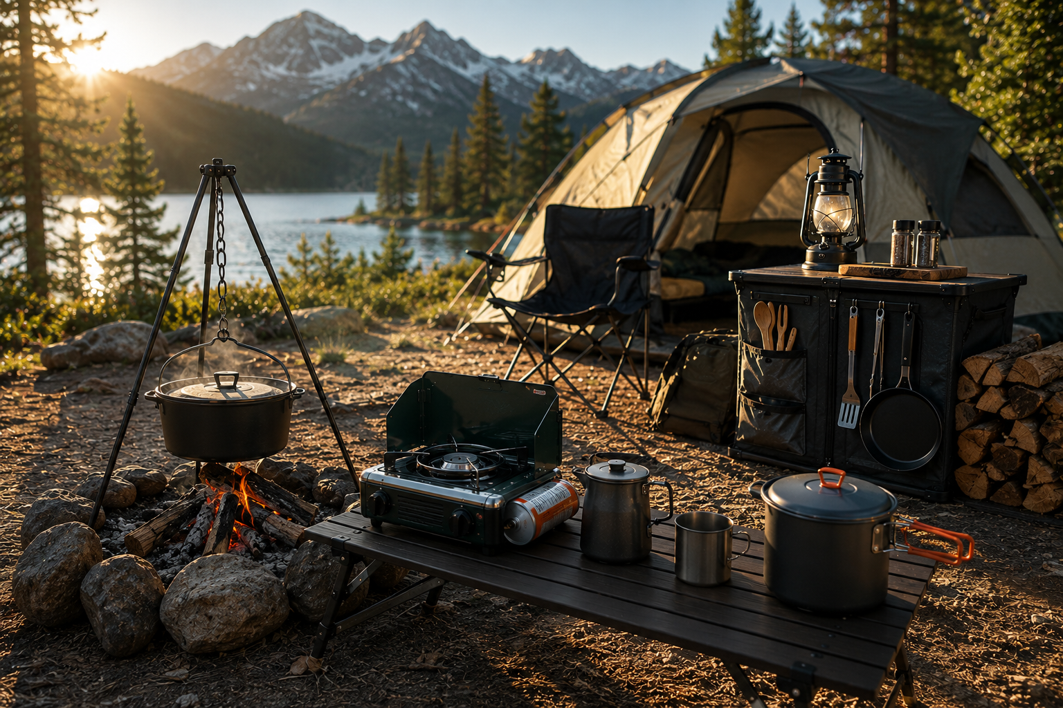Best Camping Kitchen Setups with a portable stove, cookware, and campfire beside a lakeside campsite