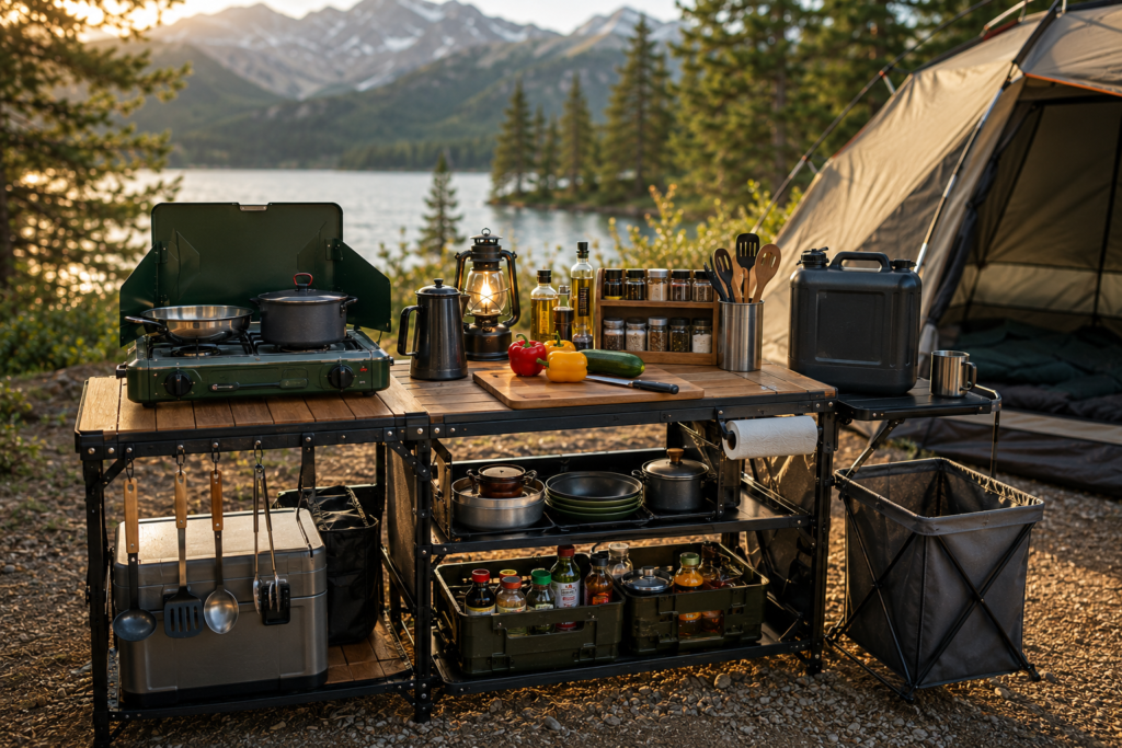 Best Camping Kitchen Setups with a portable kitchen table, camping stove, cookware, and organized storage at a lakeside campsite