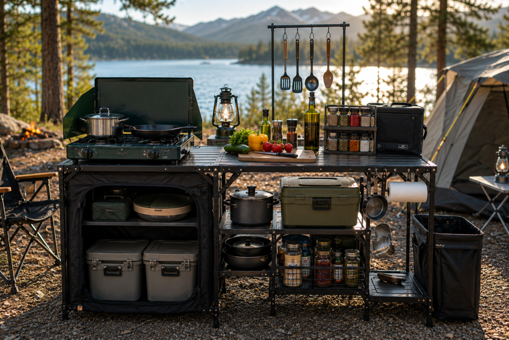 Best Camping Kitchen Setups featuring a spacious portable kitchen table, camping stove, cookware, storage, and cooking accessories at a lakeside campsite