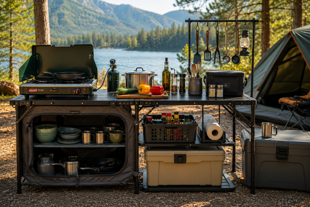 Well-organized Best Camping Kitchen Setups with portable table, cookware, storage boxes, and cooking utensils at a lakeside campsite