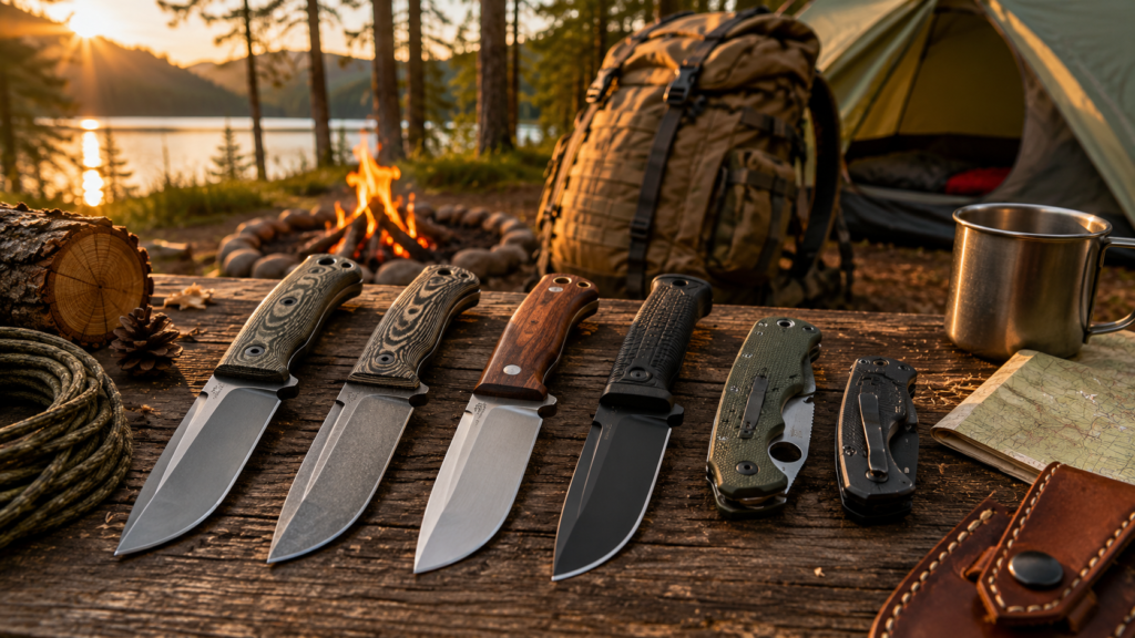 Best Camping Knives featuring fixed-blade and folding camping knives displayed on a wooden campsite table beside a campfire
