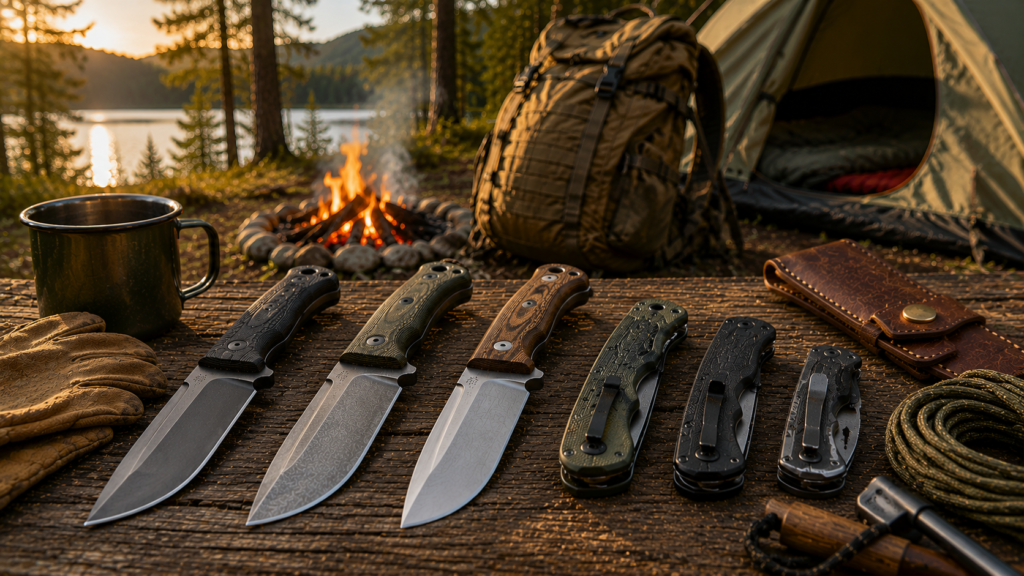 Close-up of fixed-blade and folding camping knives displayed on a rustic campsite table with leather gloves, knife sheath, and campfire