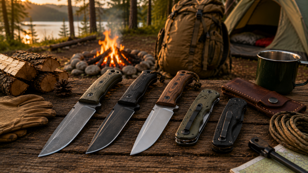 Fixed-blade and folding camping knives displayed on a rustic campsite table with gloves, leather sheath, rope, and campfire