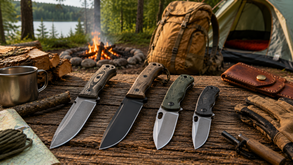 Camping knives including fixed-blade and folding knives displayed on a rustic campsite table beside a campfire and tent