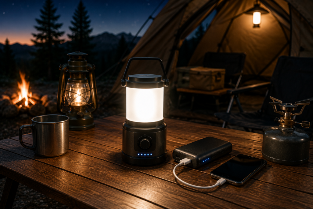 Rechargeable LED camping lantern lighting a campsite at night