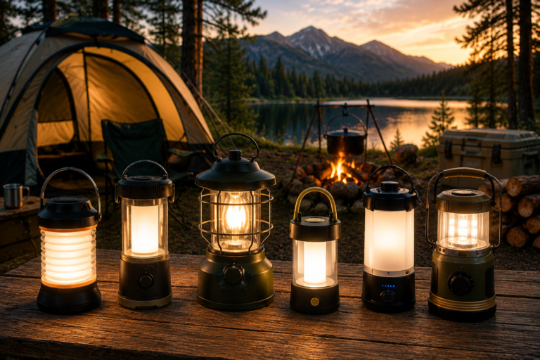 Best Camping Lanterns displayed on a rustic wooden campsite table beside a glowing campfire at a peaceful lakeside campsite