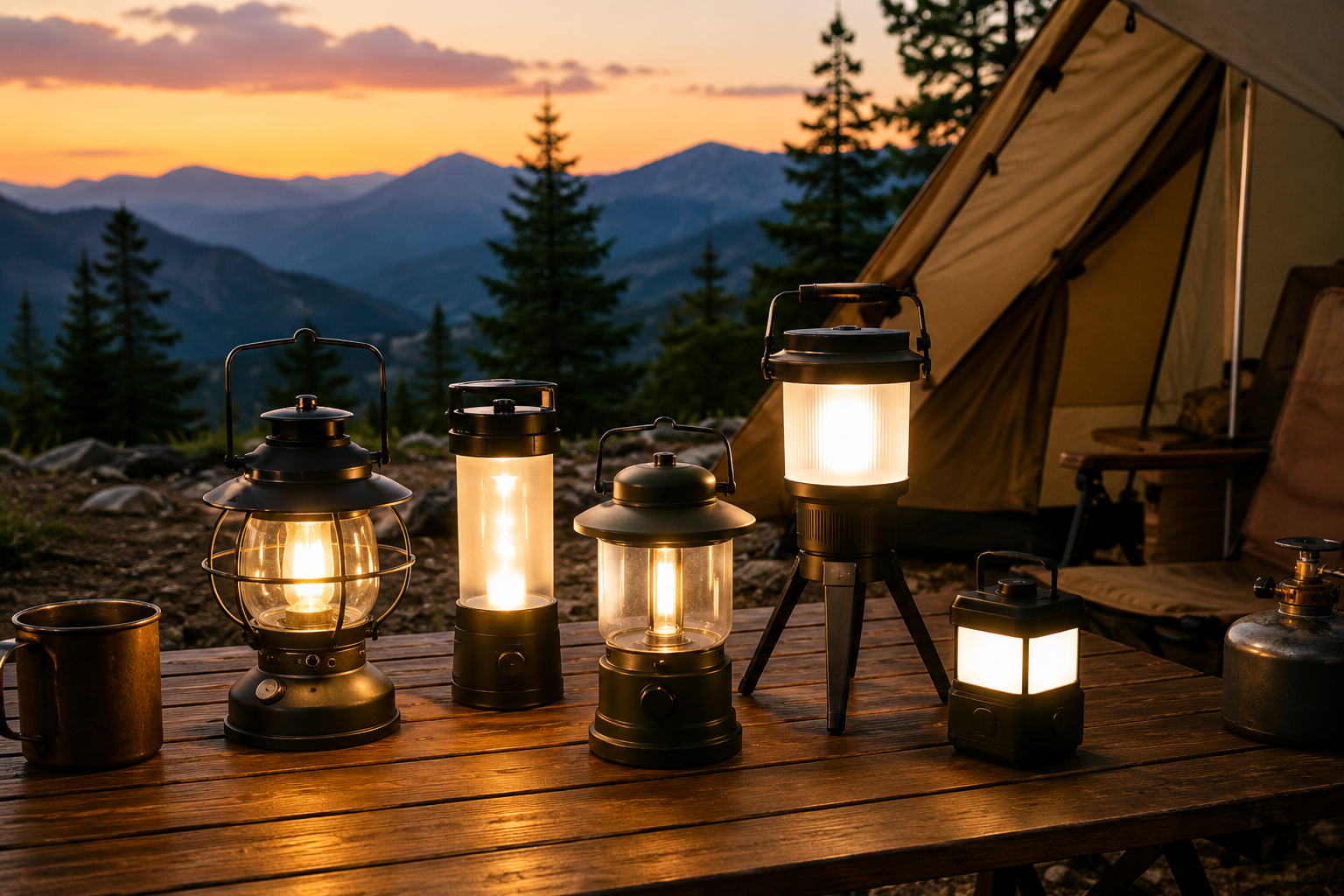 Best camping lanterns displayed on a wooden camping table at a mountain campsite during sunset