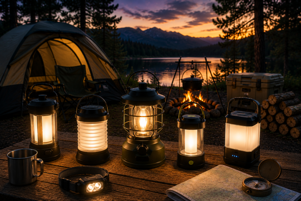 Best Camping Lanterns illuminating a peaceful lakeside campsite with a campfire, tent, and outdoor gear at sunset