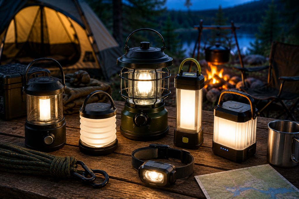 Best Camping Lanterns arranged on a rustic campsite table with a glowing campfire and tent beside a peaceful lakeside