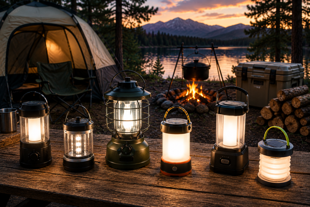 Best Camping Lanterns illuminating a peaceful lakeside campsite with a glowing tent and campfire