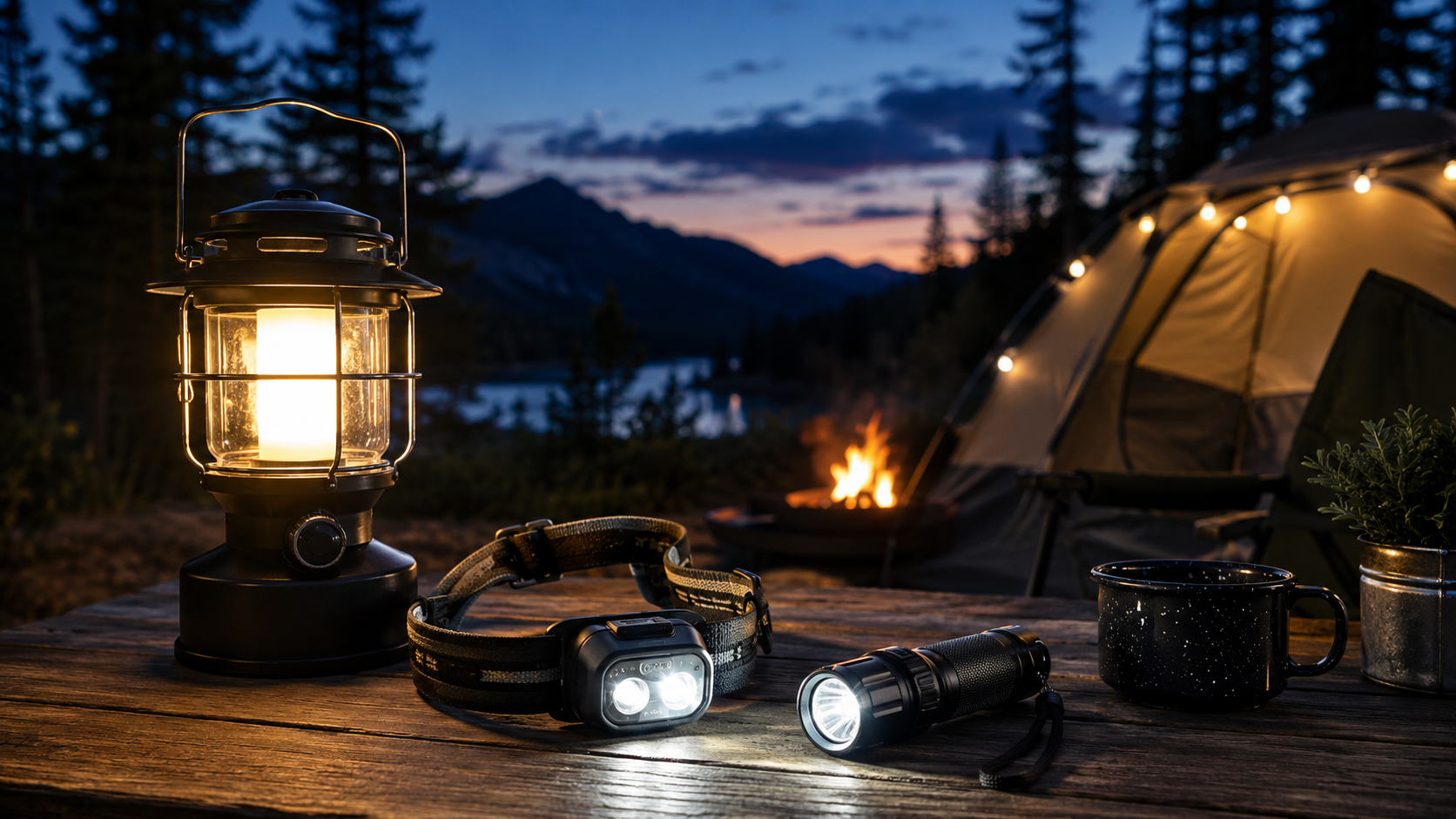 Best camping lights including a lantern, headlamp, and flashlight at a campsite
