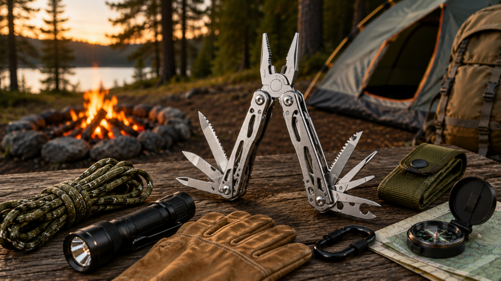 Best Camping Multi-Tools featuring a stainless steel multi-tool with camping essentials on a wooden campsite table beside a campfire