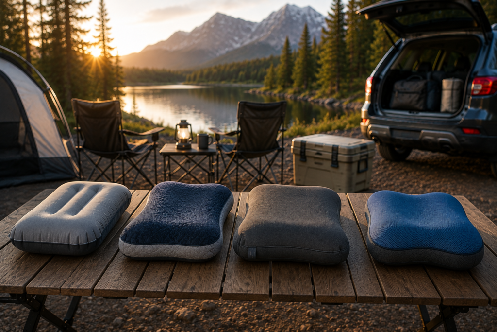 Best camping pillows displayed on a camping table at a peaceful lakeside campsite