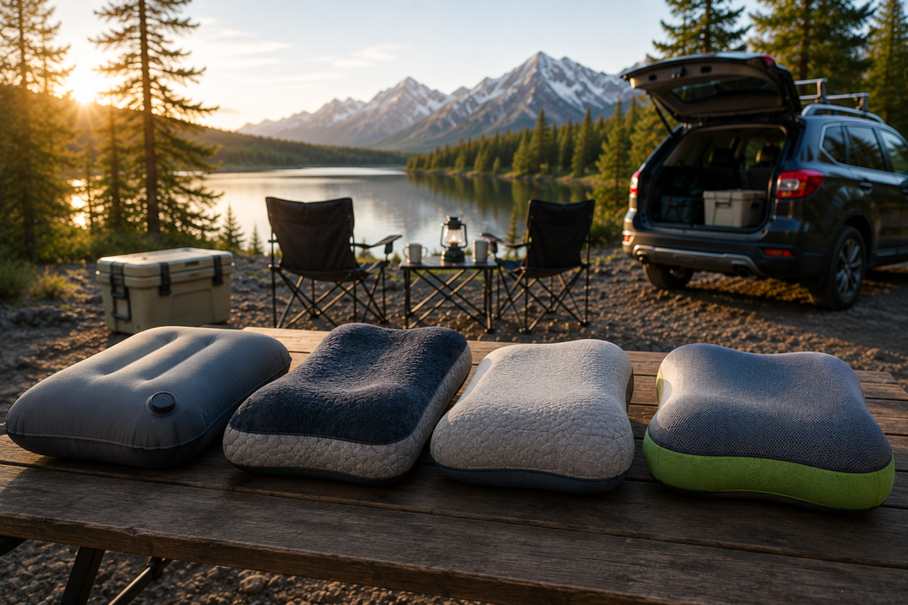 Different camping pillows on a camping table beside a peaceful lakeside campsite