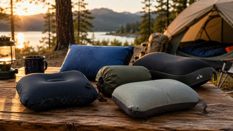 Best Camping Pillows displayed on a picnic table at a lakeside campsite