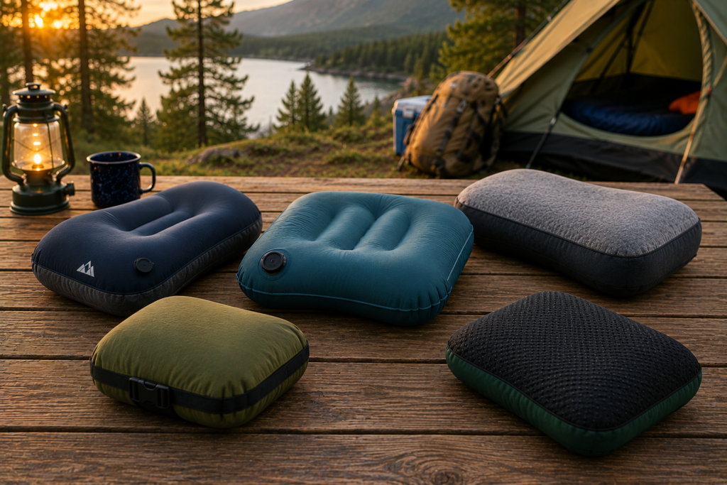 Best Camping Pillows with ergonomic designs at a lakeside campsite