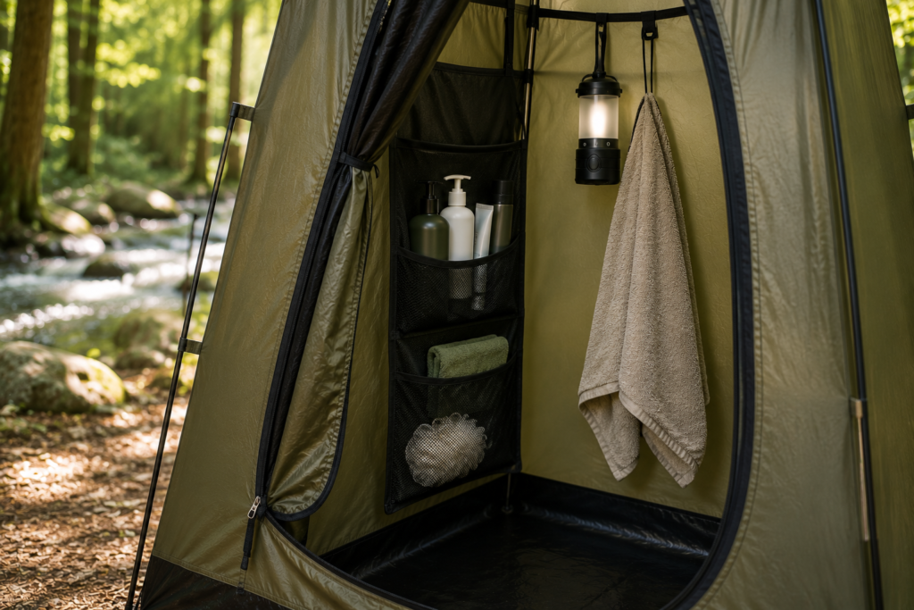 Close-up of a camping privacy shelter entrance showing organized storage pockets, towels, and camping accessories