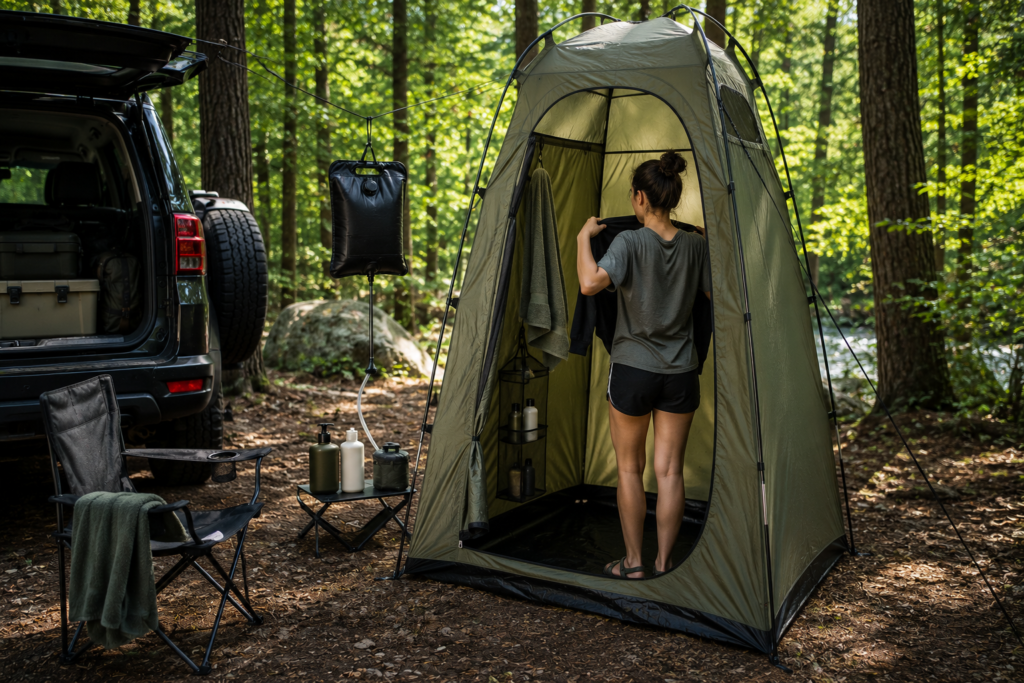 Portable camping privacy shelter being used as a changing tent beside an SUV at a forest campsite