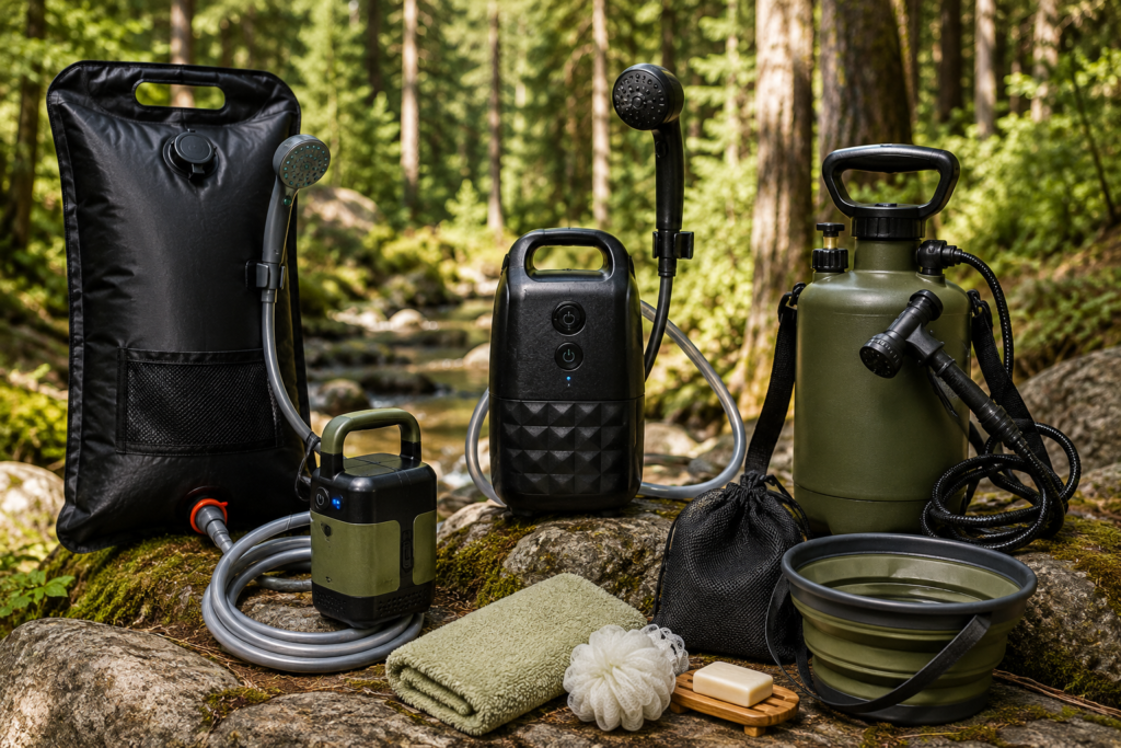 Best Camping Shower Systems including portable shower pumps, solar shower bags, and pressurized camping showers displayed in a forest setting